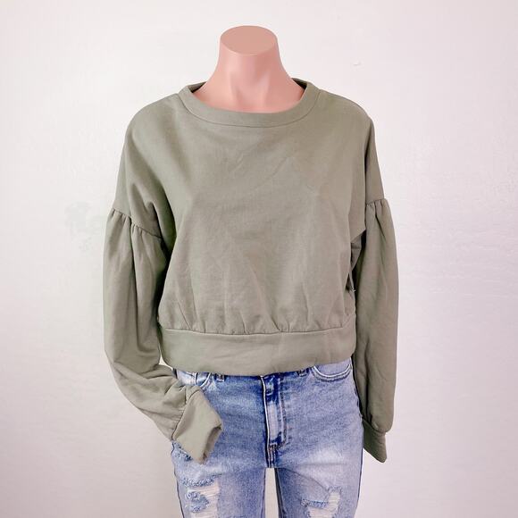 Abound Drop Shoulder Puff Sleeve Cropped Sweatshirt Olive Sage Night size S NWT - Picture 3 of 12